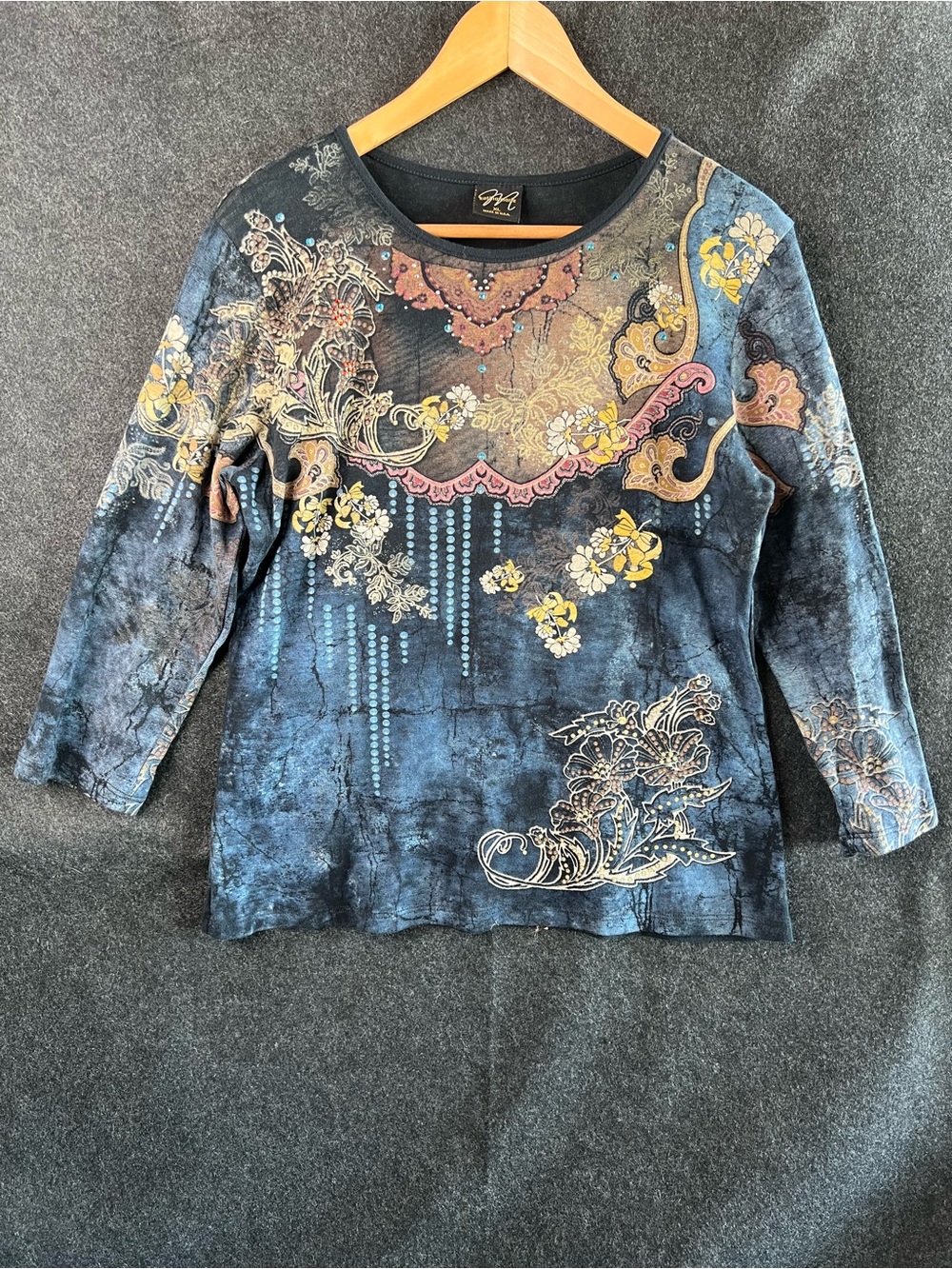 Y2K Rhinestone Katina Marie Whimsigoth 3/4 Sleeve Shirt Womens XL Made in USA